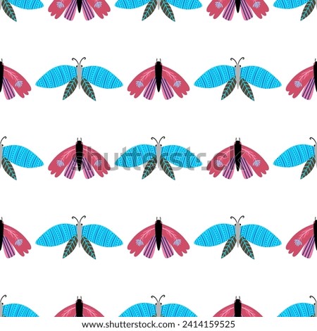 Pattern with butterflies and flowers in flat style, Wild flowers, Stylized butterflies, Flat style, Children's pattern, Seamless, vector, print.