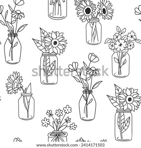 Seamless monochrome pattern with sunflowers in jar. Flowers in glass bottle repeat pattern. Vector outline illustration isolated on white