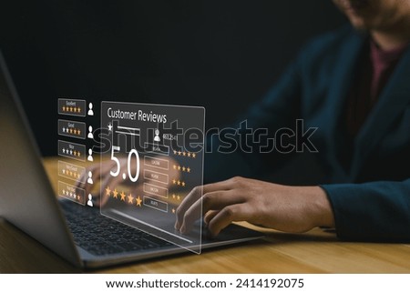 User gives rating to service experience on online application, Customer can evaluate quality of service leading to reputation ranking of business, Customer review satisfaction feedback survey concept. Royalty-Free Stock Photo #2414192075