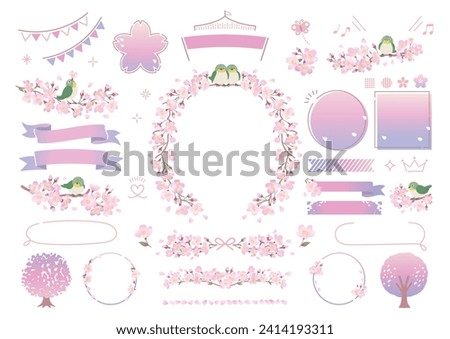 Illustration set of cherry blossom frame and white-eye perched on a branch Royalty-Free Stock Photo #2414193311