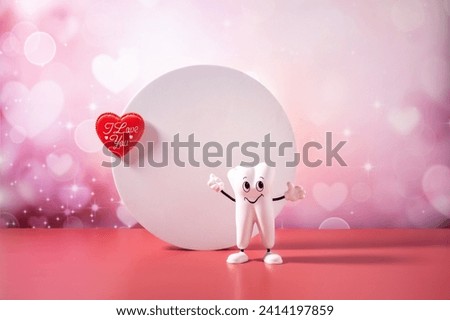 cartoon model of a tooth and hearts on a white circle and a gift box on an abstract background with hearts