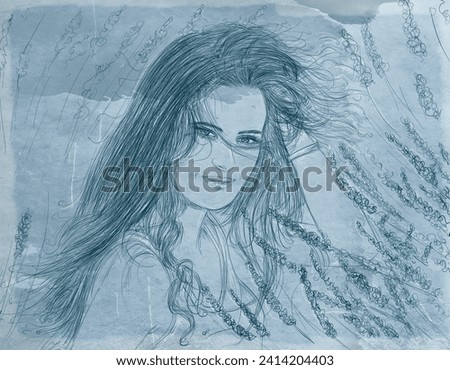 painting of a girl with long hair in profile on a blue background
