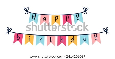Happy birthday garland vector icon. Colorful triangular flags hanging on a string. Textile decoration for a party, anniversary. Surprise for a carnival, holiday. Flat cartoon clipart isolated on white
