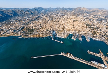 Palermo, Sicily, Italy. City port with ships and cruise ships. Sunny summer day. Aerial view Royalty-Free Stock Photo #2414209179