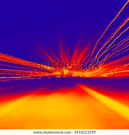 Mystical night journey by car and lights, luminous flux, color abstract background for text, blue, orange and red photo