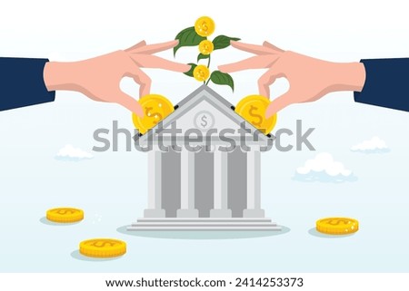 Businessman hand put coin into bank growing money plant, mutual funds investment, 401K, pension or savings growth, increase wealth, dividends or capital gain profit, interest rate return (Vector) Royalty-Free Stock Photo #2414253373