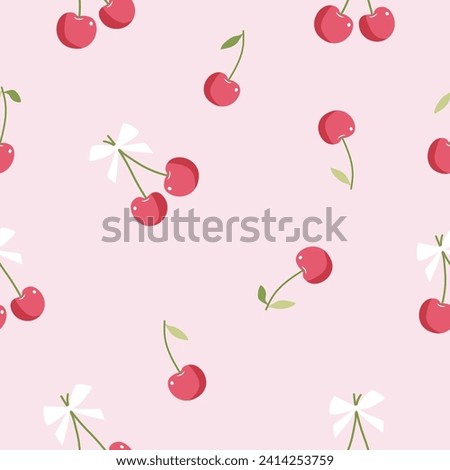 seamless pattern of pink cherry with white bow on pastel pink background ,vector ,illustration