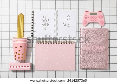 Notepad, letter and other accessories for Valentine's Day.