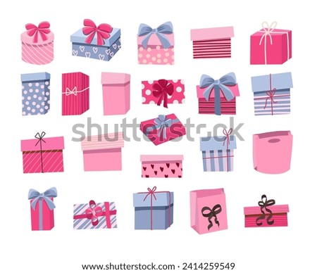 Set of gift boxes with bows and craft packaging in pink and purple shadows, paper boxes with ribbon isolated on white background, flat vector holiday clip art