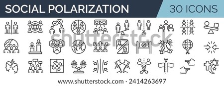 Set of 30 outline icons related to social polarization. Linear icon collection. Editable stroke. Vector illustration Royalty-Free Stock Photo #2414263697