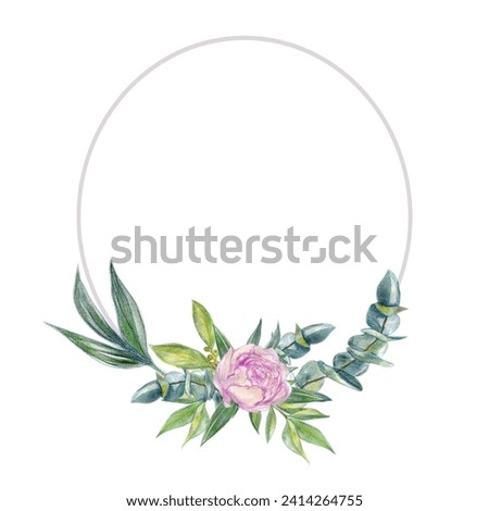 Watercolor eucalyptus leaves and soft light blush peony flower. Botanical frame, Greenery branches. Rustic design. Template. Wedding invitation. Floral wreath. Provence illustration. Isolated on white