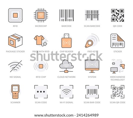 RFID, qr code, barcode line icon set. Price tag scanner, label reader, identification microchip vector illustration. Simple outline signs retail safety application. Orange Color. Editable Stroke