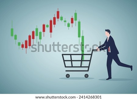 Buy on the dip, purchase stock when price drop, trader signal to invest, make profit from market collapse concept, smart businessman investor buy stock with down candlestick in shopping cart. Royalty-Free Stock Photo #2414268301