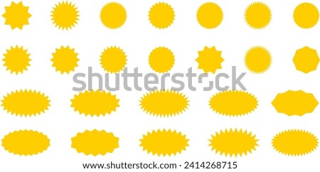 Starburst yellow sticker set - collection of special offer sale oval and round shaped sunburst labels and badges. Promo stickers with star edges. Vector.
