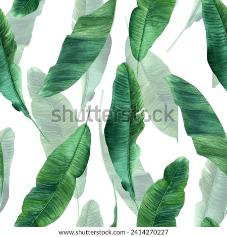 Watercolor seamless pattern with banana tree leaves. Hand drawn illustration isolated on white background. For wrapping wallpaper fabric textile.