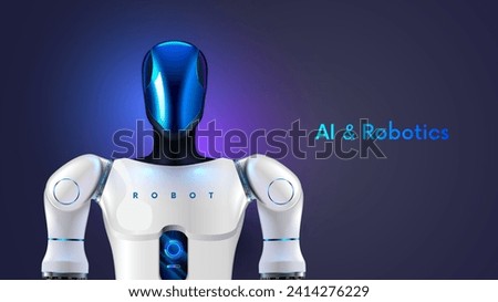Bipedal autonomous humanoid robot. Humanoid robotics technology. humanoid robot with AI or artificial intelligence. Robot Head in glass mask with actuator hands. Anthropomorphic robotics helper. Royalty-Free Stock Photo #2414276229