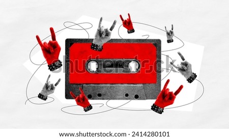 Rock and roll music. Template, design for album cover. Human hands showing classical rock and roll symbol over retro cassette. Creative minimal design. Concept of music, vintage, history of art Royalty-Free Stock Photo #2414280101