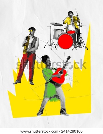 Promotional image for multi-genre music festival. Cover art for album featuring a mix of jazz, rock, and acoustic tracks. Musicians playing saxophone, drums, and guitar set against abstract background