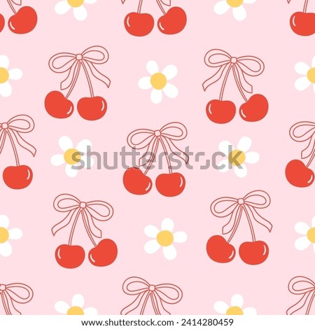 Draw seamless pattern red cherry bow with daisy flower Retro valentine day Fabric print Wallpaper Doodle cartoon style