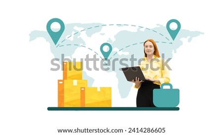 Contemporary art collage. Businesswoman with laptop standing by packages, world map with location markers in background. Concept of international trading system, e-commerce export strategy services.