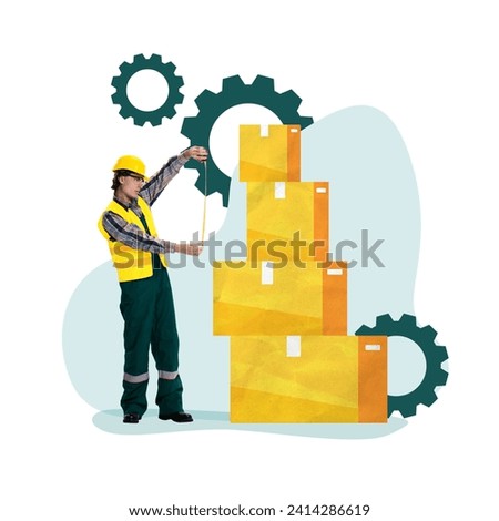 Contemporary art collage. Worker in hard hat and high-visibility vest measuring boxes. Concept of business, logistics, engineering. Educational material for logistics training programs. Ad