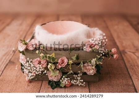 Newborn Digital Background Spring flowers Basket Prop for Newborn. For boys and girls. Wood back. shoot set up with prop bed and wood backdrop Royalty-Free Stock Photo #2414289279
