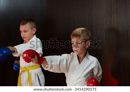 Two athlete boys in karategi with red and blue pads on their hands perform punches Royalty-Free Stock Photo #2414290175