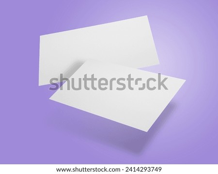 Blank business cards in air on violet background. Mockup for design