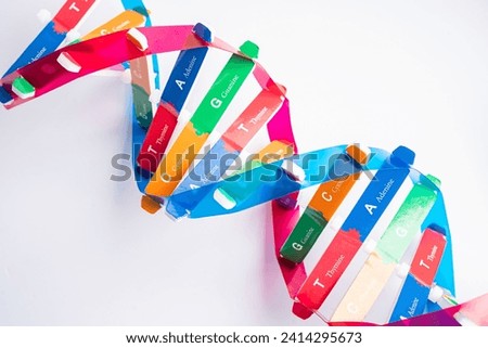 DNA or Deoxyribonucleic acid is a double helix chains structure formed by base pairs attached to a sugar phosphate backbone. Royalty-Free Stock Photo #2414295673