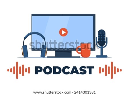 Podcast stuff. Podcast recording and listening, broadcasting, online radio, audio streaming service Concept. Vector illustration