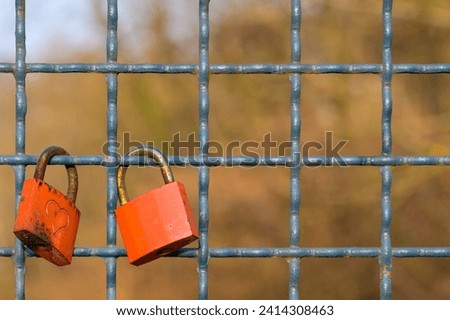 Red locks with heart chained to fence. Pair of locks as a symbol of love, solidarity and marriage on Valentine's Day