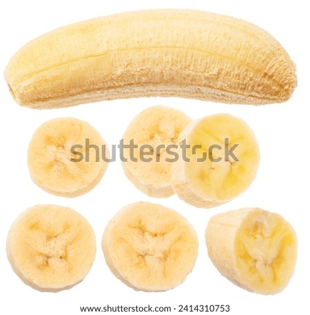 Collection of peeled baby banana and banana slices on white background. File contains clipping paths. Royalty-Free Stock Photo #2414310753