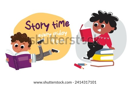 Vector set, collection. Boy is reading, lying, laying on the floor and dreaming. A Child, kid seats on the pile of books. Vector illustration. Flat design.