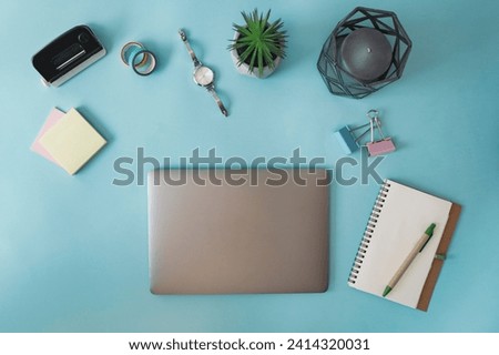 Business desk from above stock photo Royalty-Free Stock Photo #2414320031