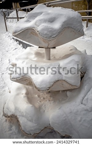A snow-covered flower pot on a winter day