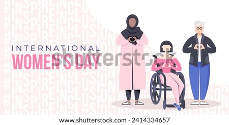 International Women's Day banner, poster. Inspire inclusion campaign. Group of women in different ethnicity, age, body type, abilities, hair color and more. Vector illustration in faceless flat style. Royalty-Free Stock Photo #2414334657