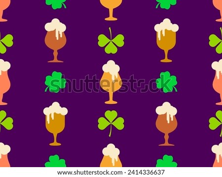 Seamless pattern with clover leaves and glasses of beer for St. Patrick's Day. Glasses of beer on a stem with foam. Festive design for wallpaper, banner and cover. Vector illustration
