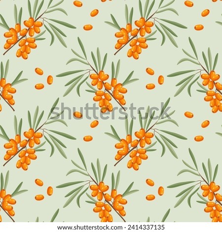 Seamless pattern, sea buckthorn branches and sea buckthorn berries on a light background. Print, background, vector