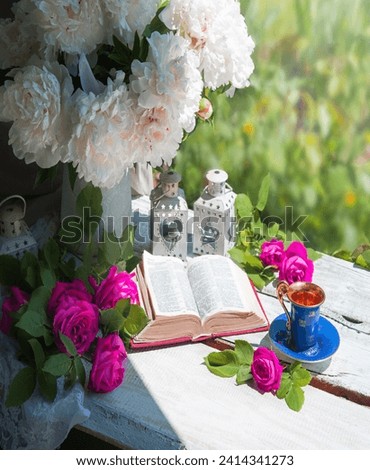 Grunge retro antique rustic lunch snack meal eat food break spring park cafe bar wood white board desk open page text. Happy sun light fresh red floral bloom bud petal rest relax biblic art still life