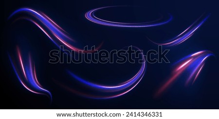 Blue glowing shiny speed lines effect vector background. Light trail wave, fire path trail line and filament curve rotation. High speed affect motion blur. Futuristic neon light line trails. 
 Royalty-Free Stock Photo #2414346331