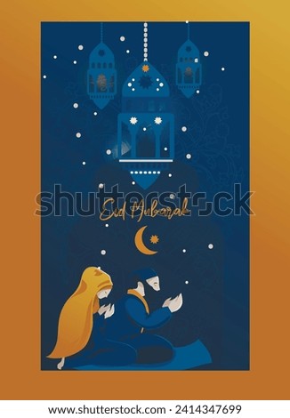 Poster for Eid Mubarak with praying muslim family, vector illustration
