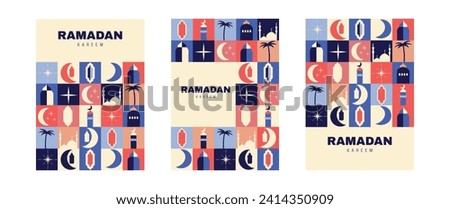A set of posters in geometric style in bright colors. Holy holiday Ramadan.
Hijri. Raya Hari, Eid al-Adha. Vector illustration. White background