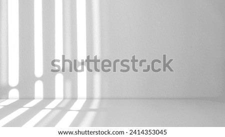 White Wall Studio Background.Empty Grey Concrete Room Background with Light, Window Shadow on Table Top Surface Texture,Backdrop Cement Studio Room Mockup Display Podium Design for product present