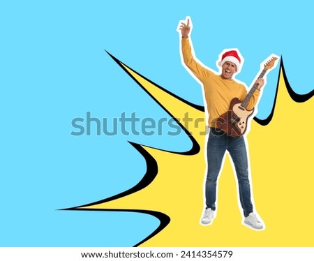 Pop art poster. Man in Santa hat playing guitar on bright comic style background. Space for text
