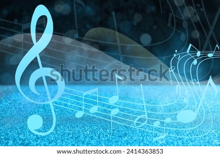 Music notes on dark background with glitter, bokeh effect