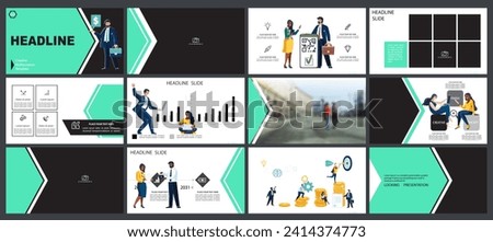 Business presentation, powerpoint, infographic design template with green, black elements, white background. Start a business. A team of people creates a business. Financial work. Use of flyers, job