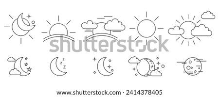  weather vector rising or cloud sun setting icons set. Weather forecast sign symbols meteorology, Bundle of day and night time pictograms drawn with black contour lines on white background.