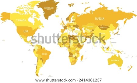Political World Map vector illustration with different tones of yellow for each country. Editable and clearly labeled layers.