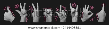 Set of woman hands with doodle elements. Crown, heart, star. Retro collage elements for posters, banner, social media. Vector illustration