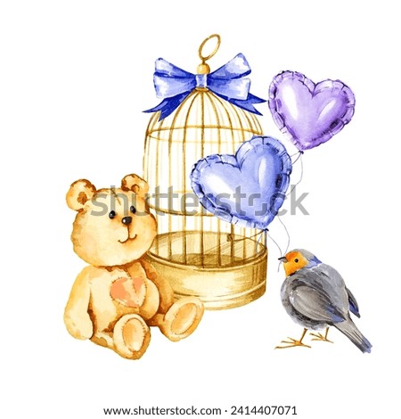 watercolor composition with golden bird cage, cute bird, funny bear toy, blue and lilac foil air balloons in a heart shape, hand drawn illustration for valentine's day, birthday and kid's party